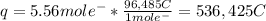 q=5.56mole^-*\frac{96,485C}{1mole^-} =536,425C