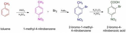 Provide a series of synthetic steps by which 2-bromo-4-nitrobenzoic acid can be prepared from toluen