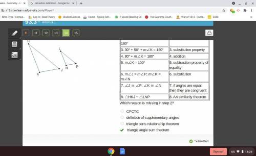 Which reason is missing in step 2?

CPCTC
definition of supplementary angles
triangle parts relation