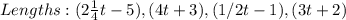 Lengths: (2\frac{1}{4}t - 5), (4t + 3), (1/2t - 1), (3t + 2)