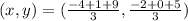 (x, y) = (\frac{-4 + 1 + 9}{3}, \frac{-2 + 0 + 5}{3})