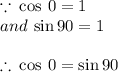 \because \:  \cos \: 0 \degree = 1 \\ and \:  \sin 90 \degree = 1 \\  \\  \therefore \: \cos \: 0 \degree =\sin 90 \degree