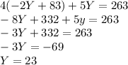 4(-2Y + 83) + 5Y = 263\\-8Y + 332 + 5y = 263\\-3Y + 332 = 263\\-3Y = -69\\Y = 23
