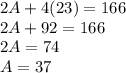 2A + 4(23) = 166\\2A + 92 = 166\\2A = 74\\A = 37