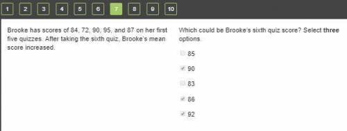 Brooke has scores of 84, 72, 90, 95, and 87 on her first five quizzes. After taking the sixth quiz,
