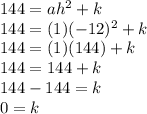 144 = ah^2+k\\144=(1)(-12)^2+k\\144=(1)(144)+k\\144=144+k\\144-144=k\\0=k\\