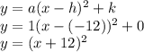 y=a(x-h)^2+k\\y=1(x-(-12))^2+0\\y=(x+12)^2\\