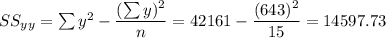 SS_{yy} = \sum y^2 - \dfrac{(\sum y)^2}{n }= 42161 - \dfrac{(643)^2}{15}= 14597.73