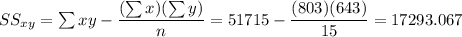 SS_{xy} = \sum xy - \dfrac{(\sum x) (\sum y)}{n}= 51715 - \dfrac{(803)(643)}{15}= 17293.067