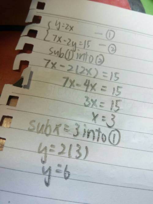Y=2x  7x-2y=15i'm not so sure on how to solve this question ,   me i have a maths test tmr : (  you 