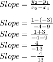 Slope=\frac{y_2-y_1}{x_2-x_1}\\\\Slope=\frac{1-(-3)}{-4-9} \\Slope=\frac{1+3}{-4-9} \\Slope=\frac{4}{-13}\\Slope=-\frac{4}{13}