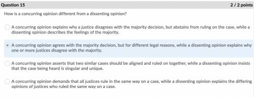 How is a concurring opinion different from a dissenting opinion?

A) A concurring opinion agrees wit