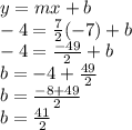 y=mx+b\\-4=\frac{7}{2}(-7)+b \\-4=\frac{-49}{2}+b \\b=-4+\frac{49}{2}\\b=\frac{-8+49}{2}\\b=\frac{41}{2}