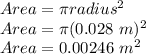 Area = \pi radius^2\\Area = \pi (0.028\ m)^2\\Area = 0.00246\ m^2