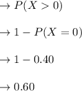 \to P(X0)\\\\ \to 1-P(X=0)\\\\ \to 1- 0.40\\\\\to 0.60\\\\