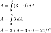 A= \int\limits^8_0 {(3-0)} \, dA \\  \\ A= \int\limits^8_0 {3} \, dA \\  \\ A=3*8-3*0=24 ft^{2} 
