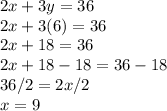 2x+3y=36\\2x+3(6)=36\\2x+18=36\\2x+18-18=36-18\\36/2=2x/2\\x=9