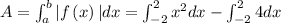 A=\int _a^b|f\left(x\right)|dx=\int _{-2}^2x^2dx-\int _{-2}^24dx