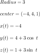 Radius= 3\\\\center= (-4,4,1)\\\\x(t)=-4\\\\y(t)=4+3 \cos \ t\\\\z(t)= 1+ 3 \sin \ t