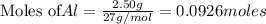 \text{Moles of} Al=\frac{2.50g}{27g/mol}=0.0926moles