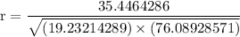 \rm r = \dfrac{35.4464286}{\sqrt{(19.23214289)\times (76.08928571)} }