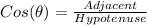 Cos(\theta) = \frac{Adjacent}{Hypotenuse}
