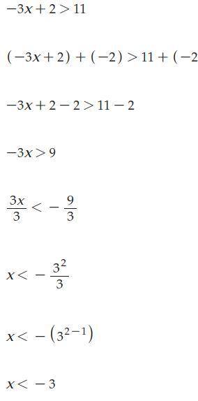 What is the solution set for the following intequality -3x+2>11