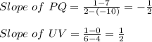 Slope\ of\ PQ=\frac{1-7}{2-(-10)}=-\frac{1}{2}  \\\\Slope\ of\ UV=\frac{1-0}{6-4}=\frac{1}{2}