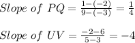 Slope\ of\ PQ=\frac{1-(-2)}{9-(-3)}=\frac{1}{4}  \\\\Slope\ of\ UV=\frac{-2-6}{5-3}=-4