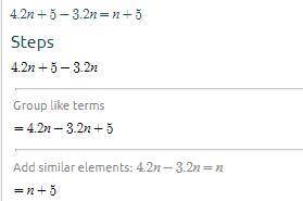 combine like terms to simplify each expression. 1: 3/4z(3)+4-1/4z(3). 2: 3.4m+2.4m. 3: 4.2n+5-3.2n.