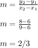 m=\frac{y_2-y_1}{x_2-x_1}\\\\m=\frac{8-6}{9-6}\\\\m=2/3\\