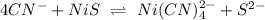 4CN^ -  + NiS  \  \underset{}{\stackrel{}{\rightleftharpoons}} \   Ni(CN)^{2-}_4 + S^{2-}