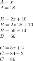 A=x\\A=28\\\\B=2x+10\\B=2*28+10\\B=56+10\\B=66\\\\C=3x+2\\C=84+2\\C=86