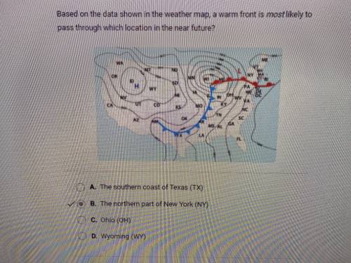 Based on the data shown in the weather map, a warm front is most likely to pass through which locati