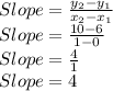 Slope=\frac{y_2-y_1}{x_2-x_1}\\Slope=\frac{10-6}{1-0}\\ Slope=\frac{4}{1}\\Slope=4
