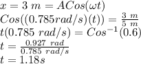 x = 3\ m = ACos(\omega t)\\Cos((0.785 rad/s)(t)) = \frac{3\ m}{5\ m}\\t(0.785\ rad/s) = Cos^{-1} (0.6)\\t = \frac{0.927\ rad}{0.785\ rad/s}\\t = 1.18 s