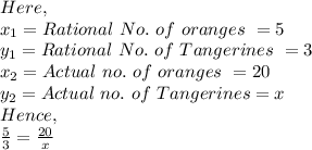 Here,\\x_1=Rational\ No.\ of\ oranges\ =5\\y_1=Rational\ No.\ of\ Tangerines\ =3\\x_2=Actual\ no.\ of\ oranges\ =20\\y_2=Actual\ no.\ of\ Tangerines =x\\Hence,\\\frac{5}{3}=\frac{20}{x}