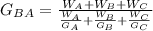 G_{BA}=\frac{W_A+W_B+W_C}{\frac{W_A}{G_A} +\frac{W_B}{G_B} +\frac{W_C}{G_C}}