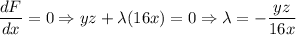 $\frac{dF}{dx}=0 \Rightarrow yz+\lambda(16x)=0 \Rightarrow \lambda = -\frac{yz}{16x}$