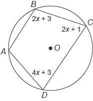 With this. quadrilateral abcd  is inscribed in circle o.  what is  m