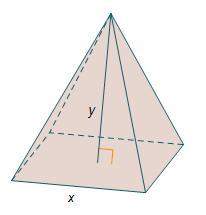 Asolid right pyramid has a square base with an edge length of x cm and a height of y cm.