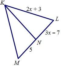 If line kn is a median of triangle klm, find kl.