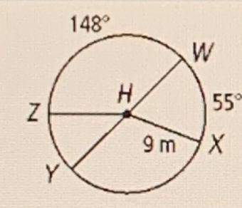 What is the circumference of circle h?  what is the measure of angle xy?  wh