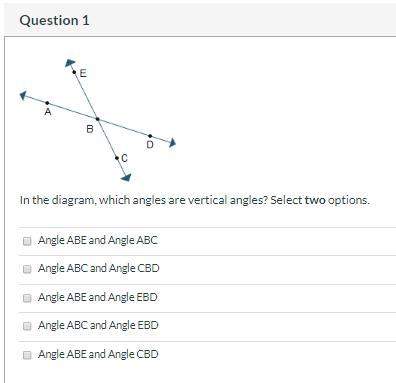 in the diagram, which angles are vertical angles? select two options. group of a