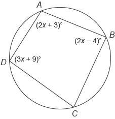 1. quadrilateral abcd  is inscribed in this circle.  what is the measure of angle b? &lt;