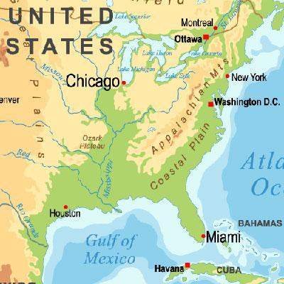 Jessica is traveling from miami, florida, to chicago, illinois. using the map, tell what the land wi