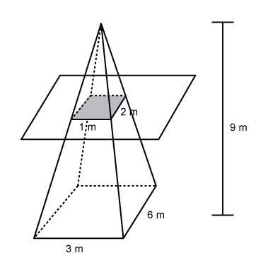 a right rectangular pyramid is sliced parallel to the base, as shown.w