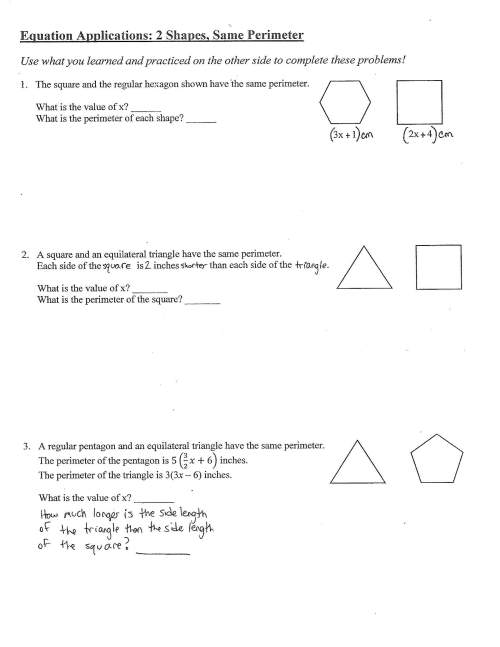 Equation applications: 2 shapes, same perimeter, i need on all questions!