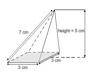 The volume of the pyramid shown in the figure is 9,15,21, or 63 cubic centimeters. if the slant heig