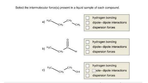Select the intermolecular force(s) present in a liquid sample of each compound.